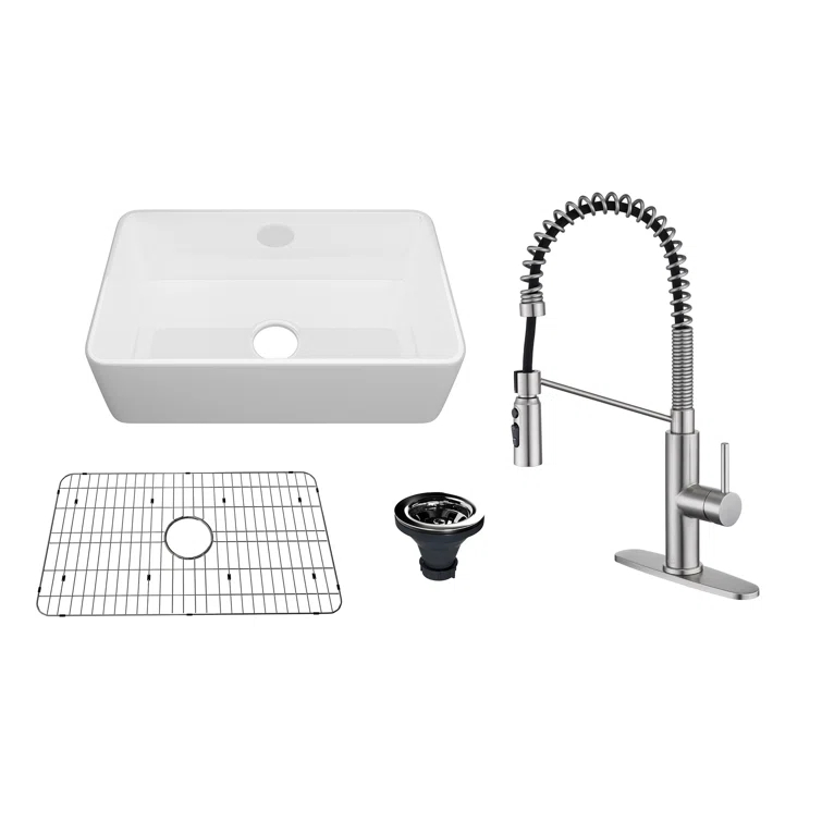 CASAINC Single Bowl White Fireclay Farmhouse Kitchen Sink With Faucet Included