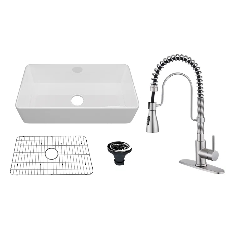 CASAINC Single Bowl White Fireclay Farmhouse Kitchen Sink With Faucet Included