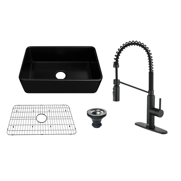 CASAINC Single Bowl Black Fireclay Farmhouse Kitchen Sink With Faucet Included