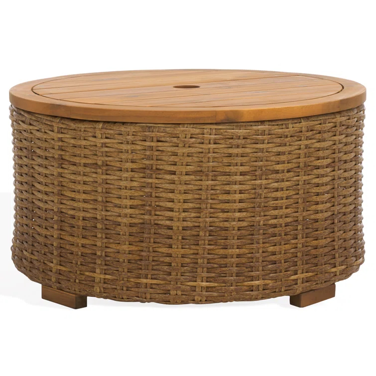 SAFAVIEH Couture Anguilla Outdoor Patio Round Wicker Coffee Table with Storage, Natural