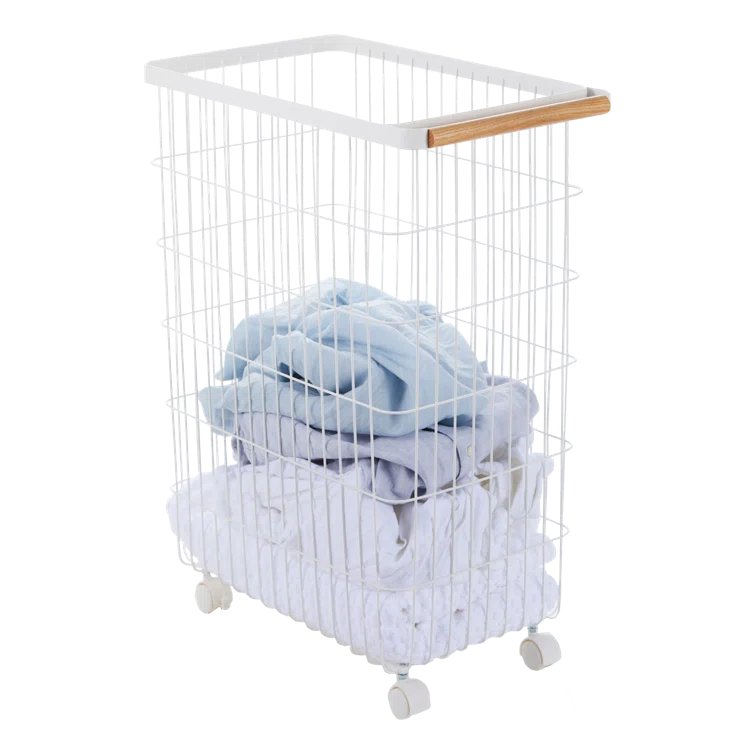 Yamazaki Home Slim Rolling Laundry Basket Hamper, Steel + Wood, 14.5 gallons, Handles, Wheels