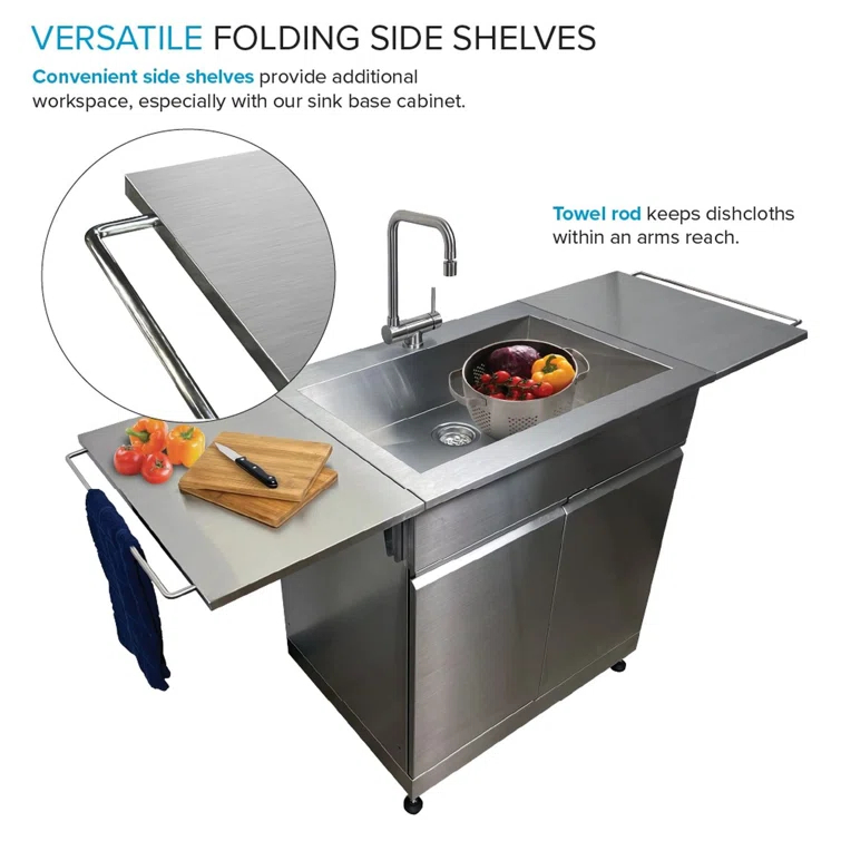 Transolid Outdoor Kitchen 24-in x 51-in Single Sink Cabinet, Folding Shelves, Stainless