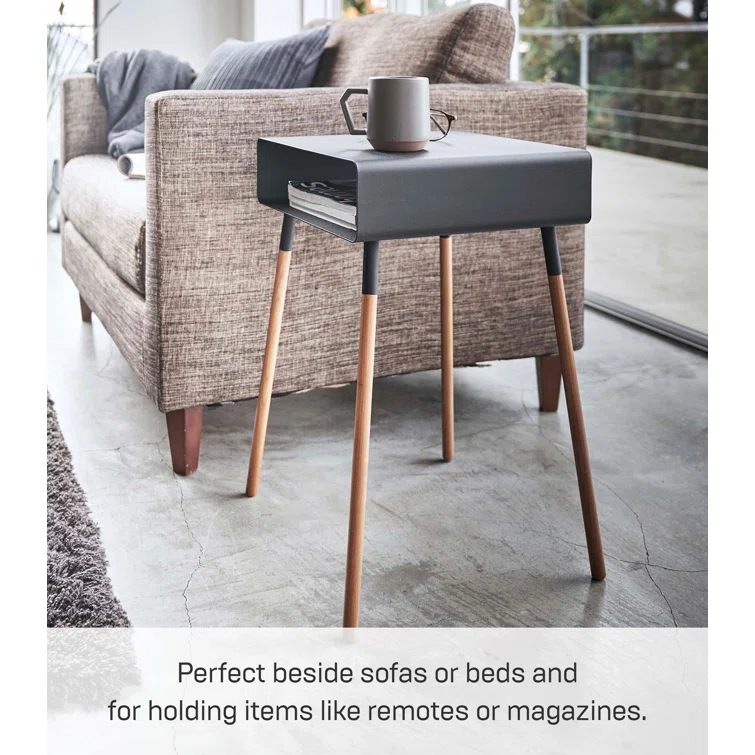 Yamazaki Home Tall Side Table With Storage Shelf, Rectangular Accent Bedside End Table, Steel + Wood