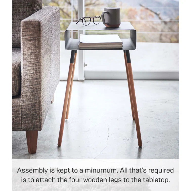 Yamazaki Home Tall Side Table With Storage Shelf, Rectangular Accent Bedside End Table, Steel + Wood