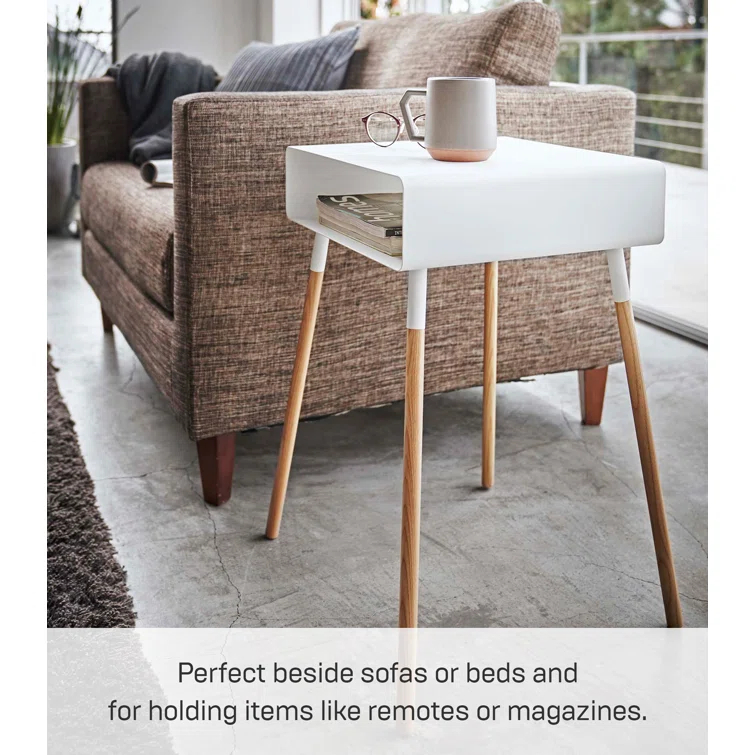 Yamazaki Home Tall Side Table With Storage Shelf, Rectangular Accent Bedside End Table, Steel + Wood