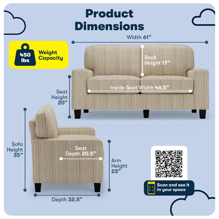 Serta Palisades 61" Track Arm Sofa, Easy Care Fabric, Soft Pillow Back, Pocket Coil Seat Cushions