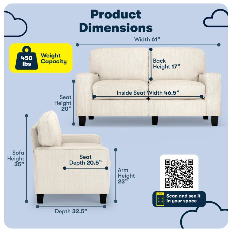 Serta Palisades 61" Track Arm Sofa, Easy Care Fabric, Soft Pillow Back, Pocket Coil Seat Cushions