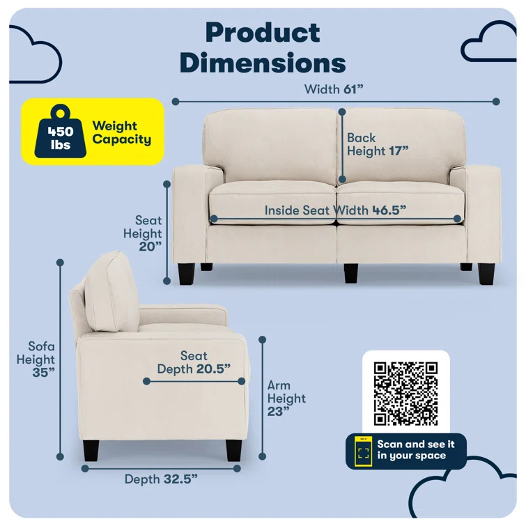Serta Palisades 61" Track Arm Sofa, Easy Care Fabric, Soft Pillow Back, Pocket Coil Seat Cushions