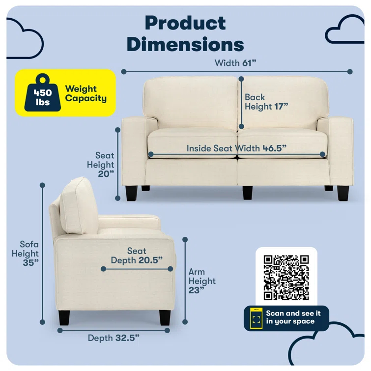 Serta Palisades 61" Track Arm Sofa, Easy Care Fabric, Soft Pillow Back, Pocket Coil Seat Cushions