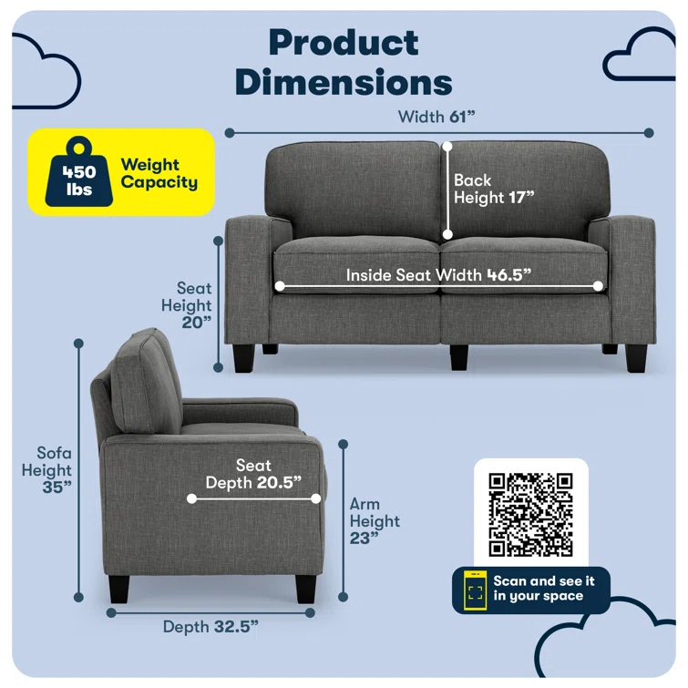 Serta Palisades 61" Track Arm Sofa, Easy Care Fabric, Soft Pillow Back, Pocket Coil Seat Cushions