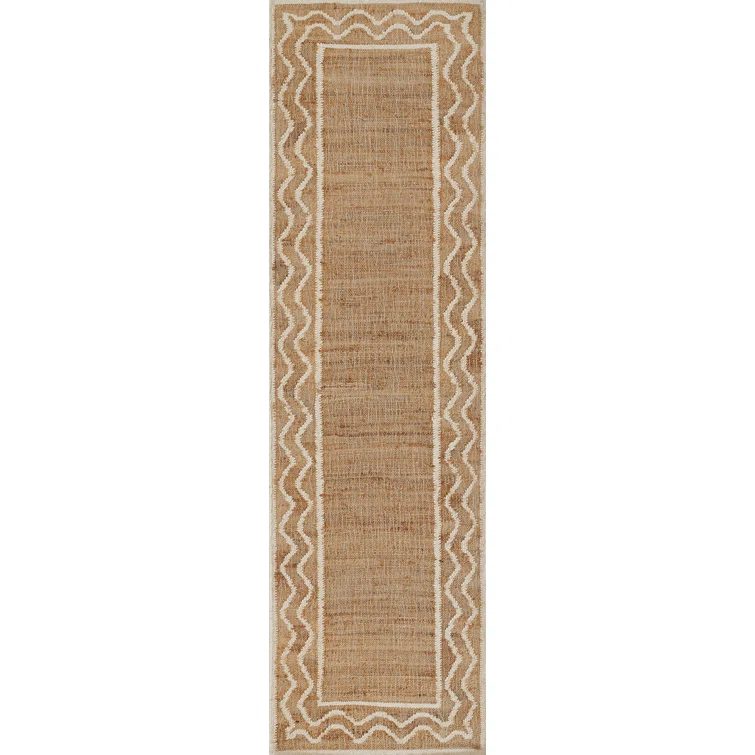 Natural Beige and White Wool Jute Runner Rug