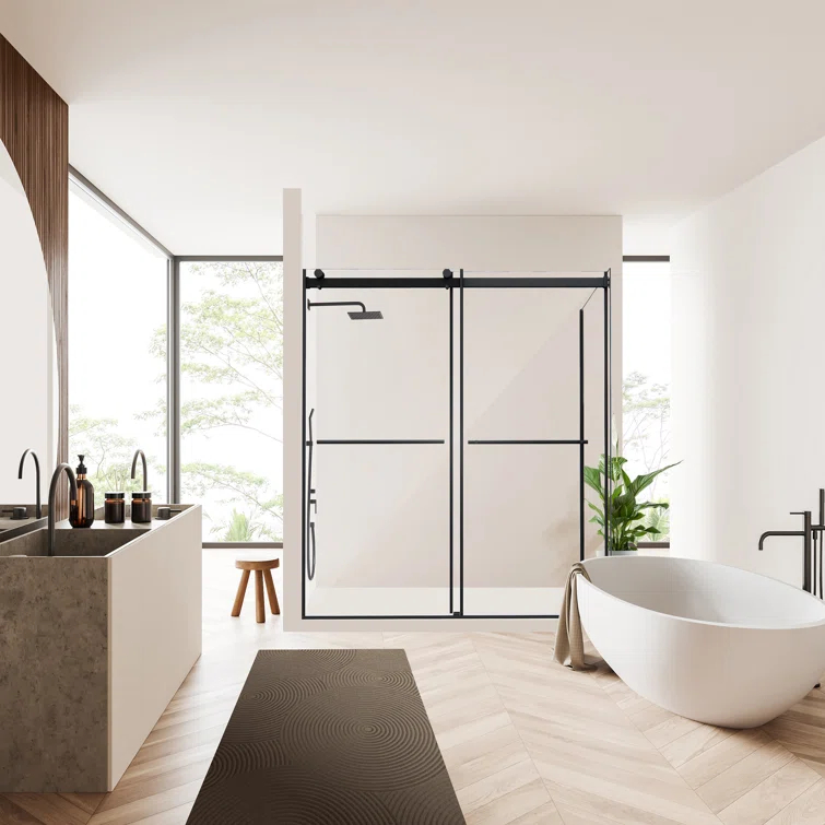 Belizzi 68" W x 76" H By Pass Frameless Exposed Roller Shower Enclosure with Clear Glass