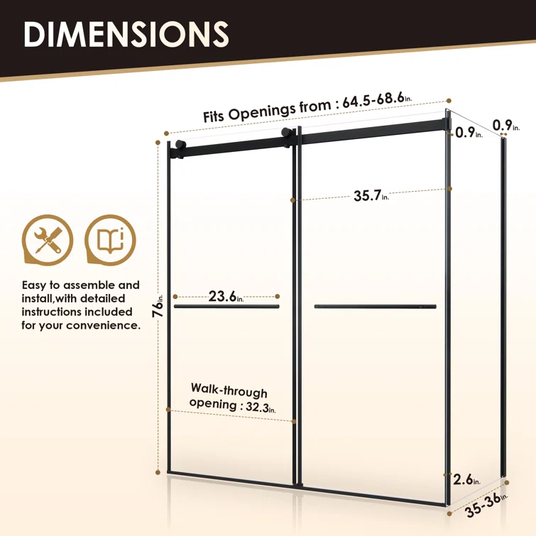 Belizzi 68" W x 76" H By Pass Frameless Exposed Roller Shower Enclosure with Clear Glass