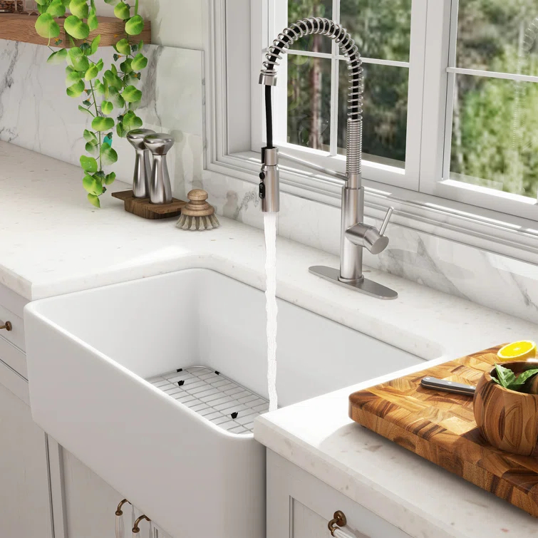 CASAINC Single Bowl White Fireclay Farmhouse Kitchen Sink With Faucet Included