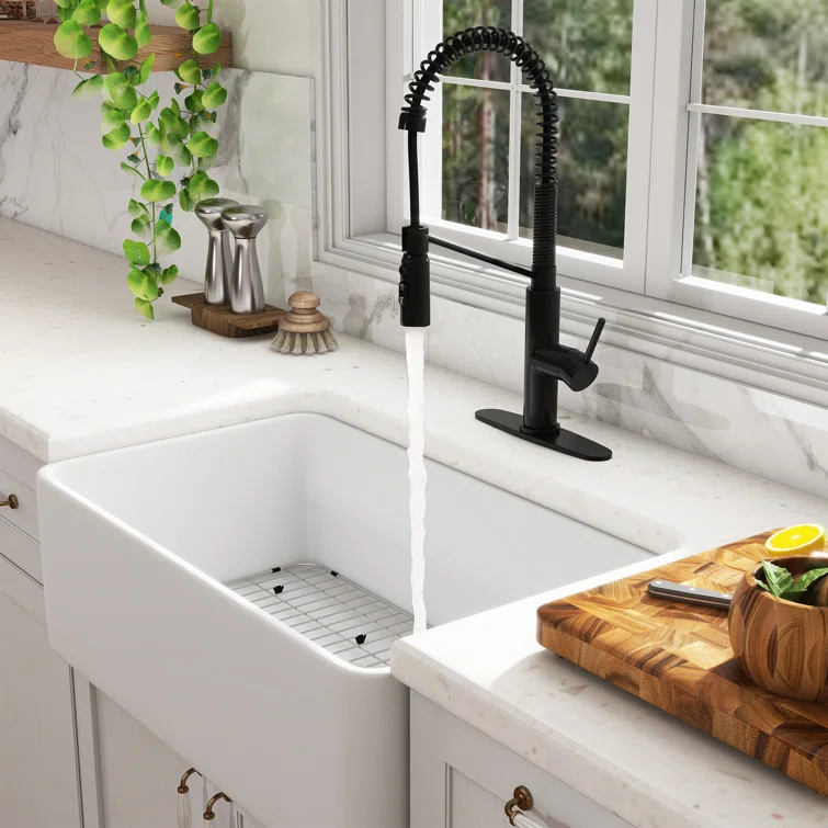 CASAINC Single Bowl White Fireclay Farmhouse Kitchen Sink With Faucet Included
