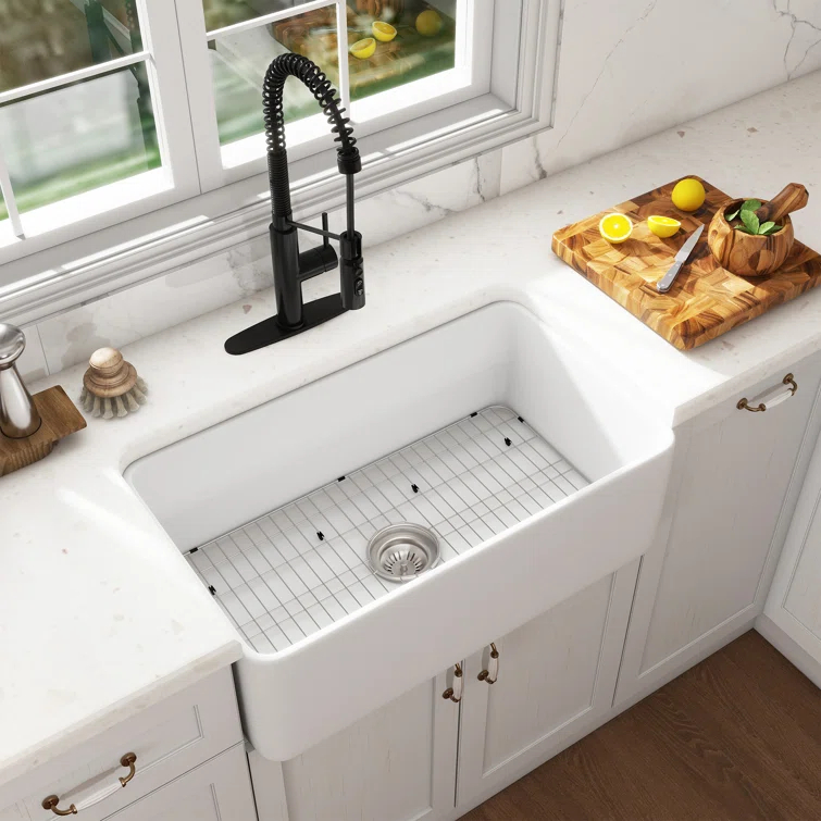 CASAINC Single Bowl White Fireclay Farmhouse Kitchen Sink With Faucet Included