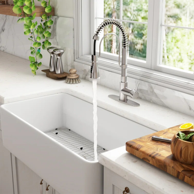 CASAINC Single Bowl White Fireclay Farmhouse Kitchen Sink With Faucet Included