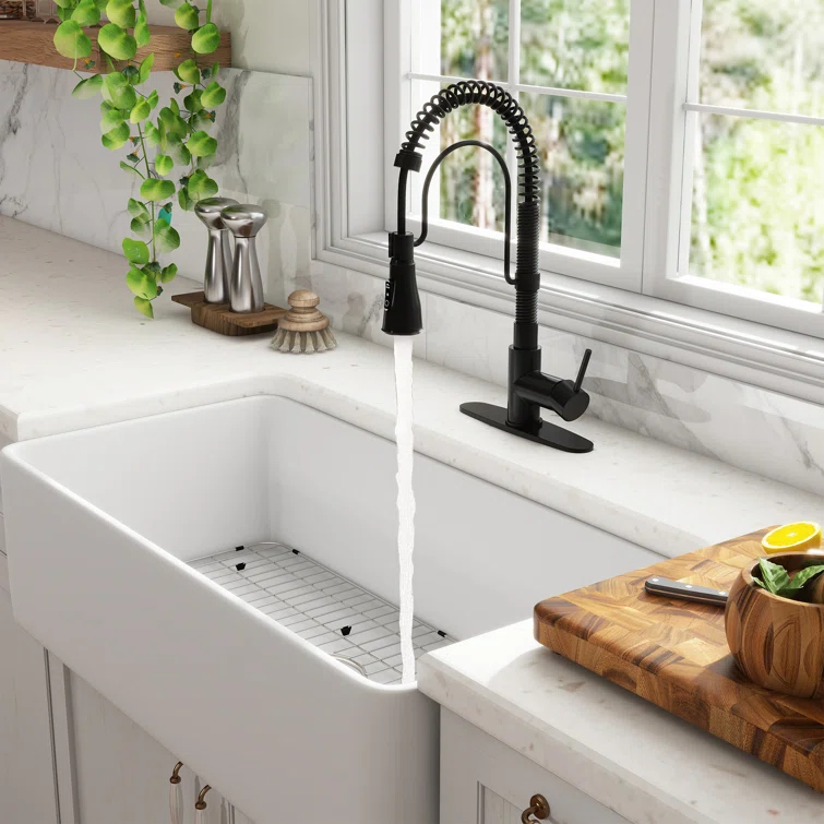 CASAINC CASAINC Single Bowl White Fireclay Farmhouse Kitchen Sink With Faucet Included KCSL0035-36W22M
