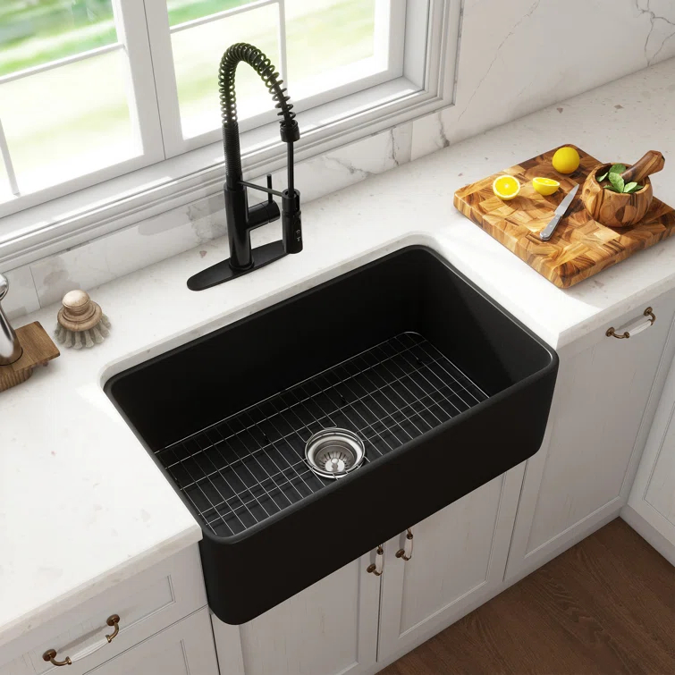 CASAINC Single Bowl Black Fireclay Farmhouse Kitchen Sink With Faucet Included