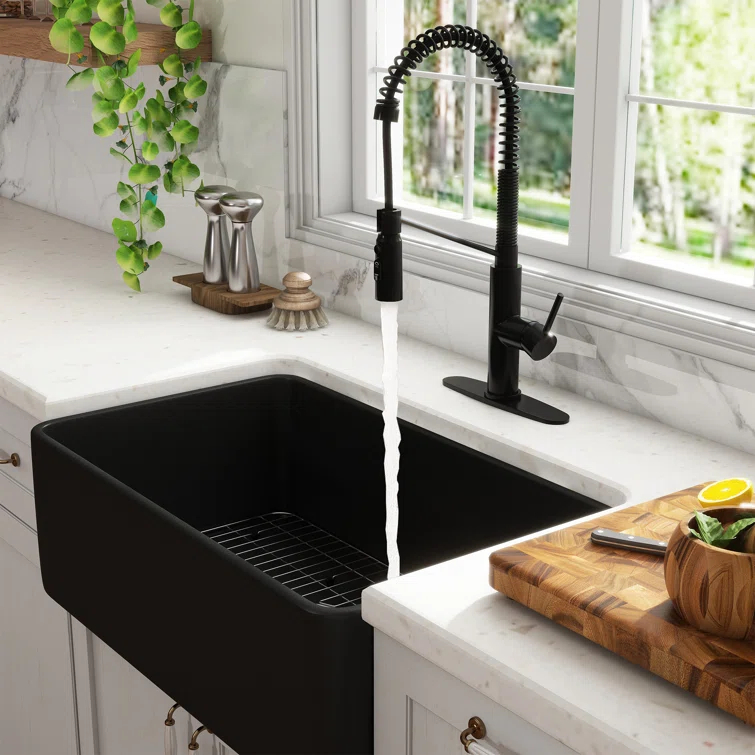 CASAINC Single Bowl Black Fireclay Farmhouse Kitchen Sink With Faucet Included