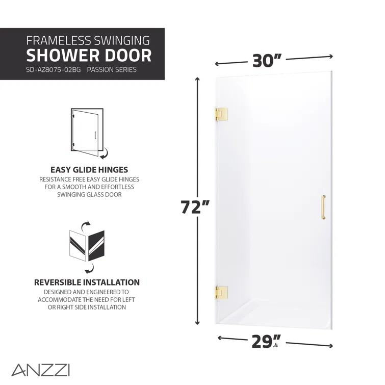 ANZZI Fellow Series 30 In. X 72 In. Frameless Hinged Shower Door With Stainless Steel Handle In Brushed Gold