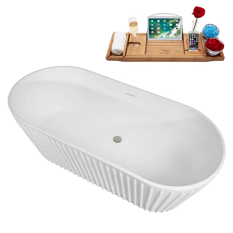 63" Streamline Soaking Freestanding Tub and Tray With Internal Drain