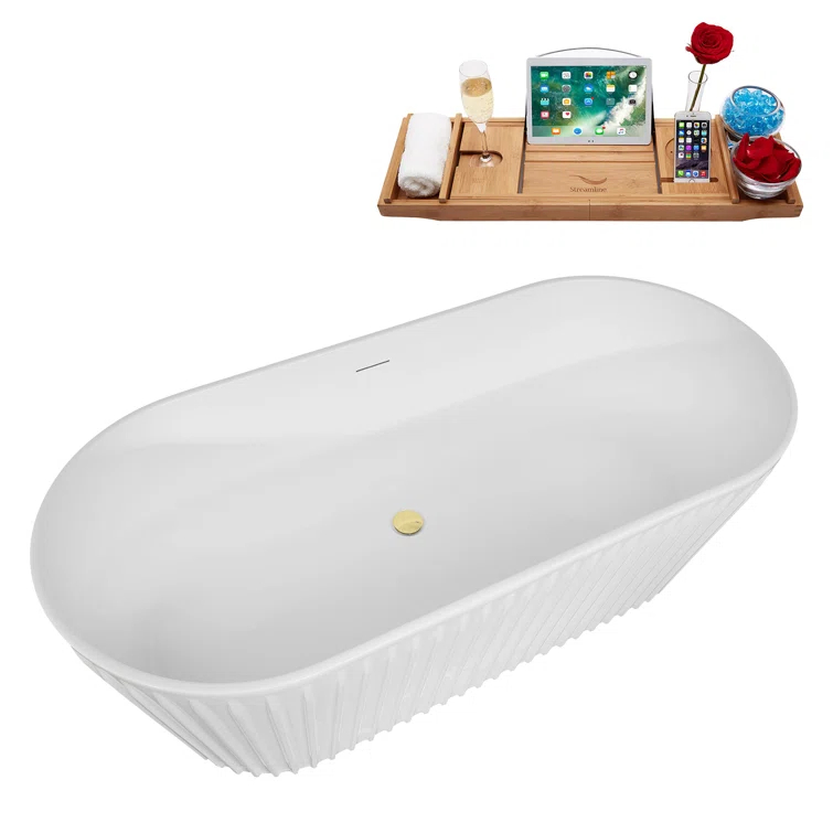 63" Streamline Soaking Freestanding Tub and Tray With Internal Drain