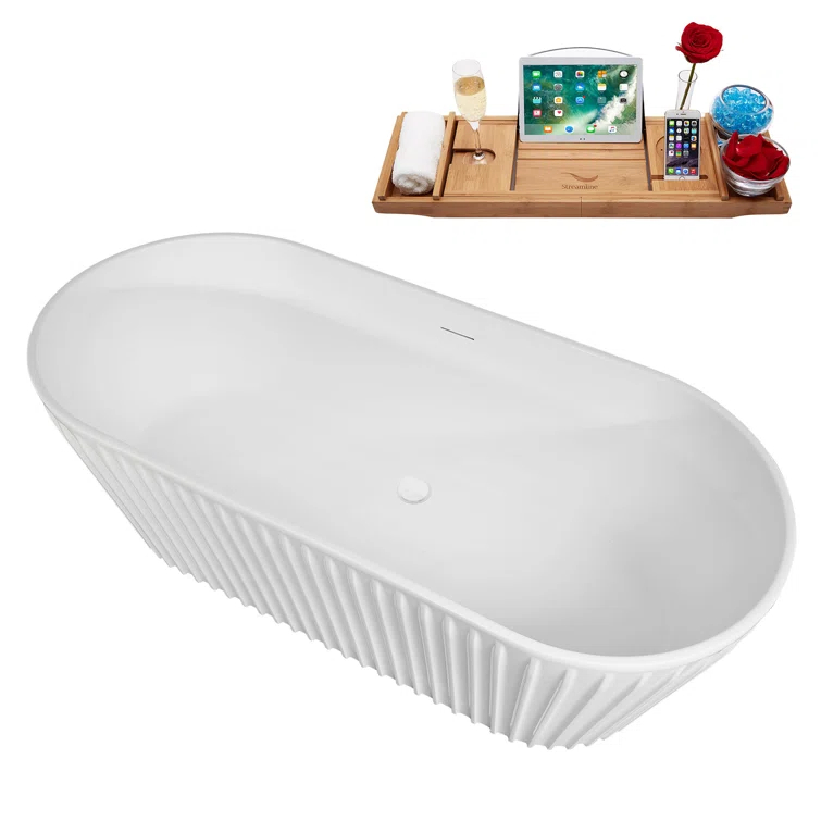 63" Streamline Soaking Freestanding Tub and Tray With Internal Drain
