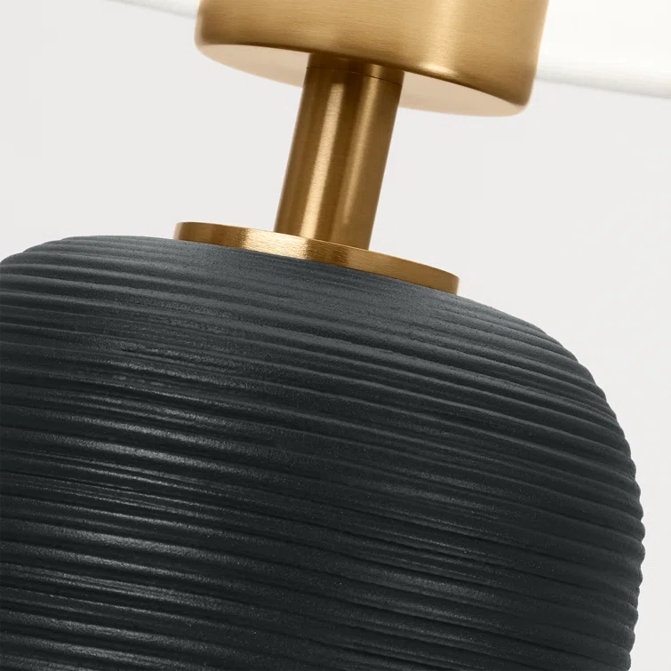 Rough Black Ceramic Table Lamp with White Linen Shade