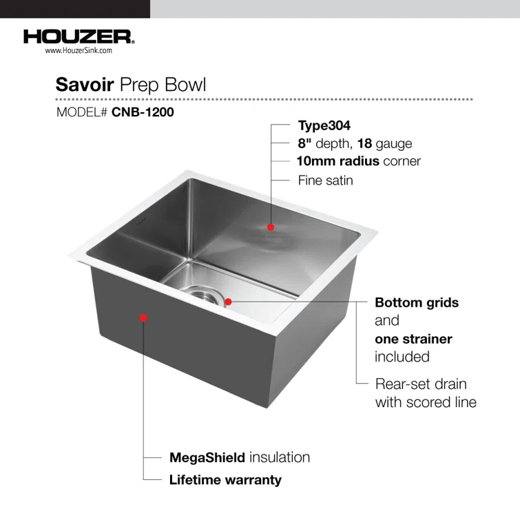 Houzer Savoir Undermount Stainless Steel 12" x 14" Bar Prep Sink, Strainer & Grid Included