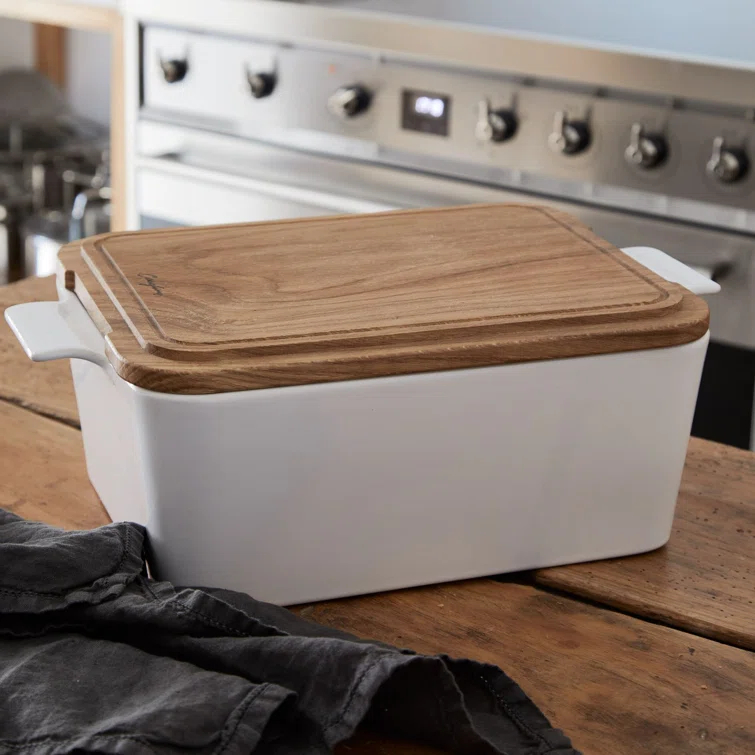 White Rectangular Bread Box with Oak Wood Lid