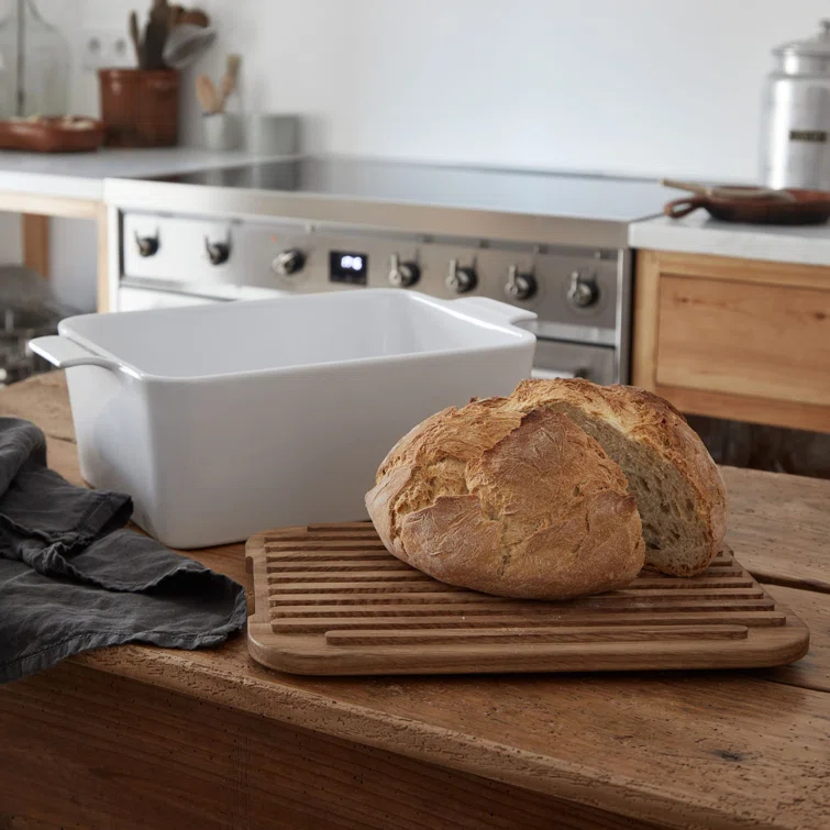 White Rectangular Bread Box with Oak Wood Lid