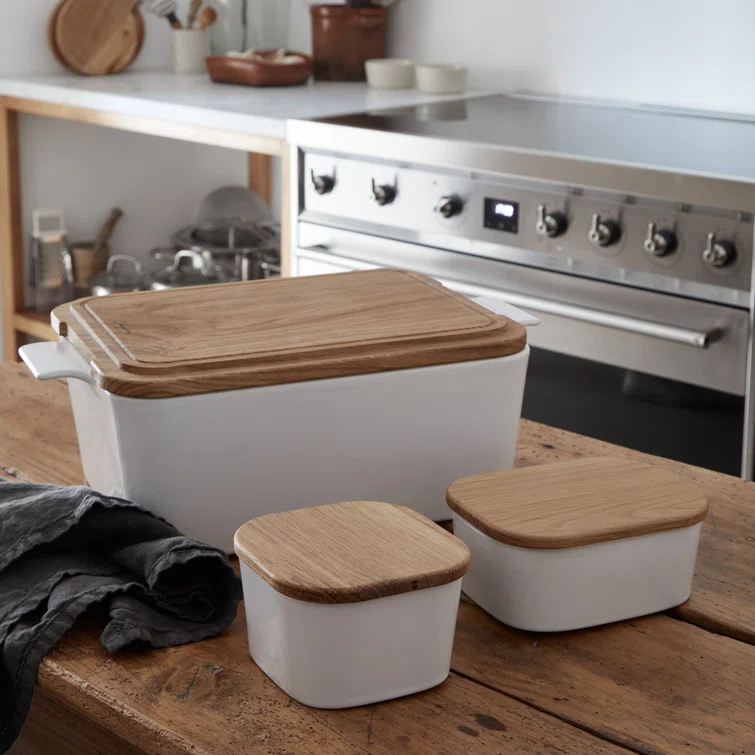 White Rectangular Bread Box with Oak Wood Lid