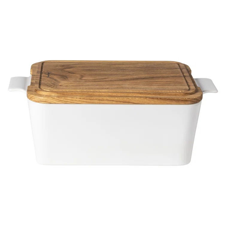 White Rectangular Bread Box with Oak Wood Lid