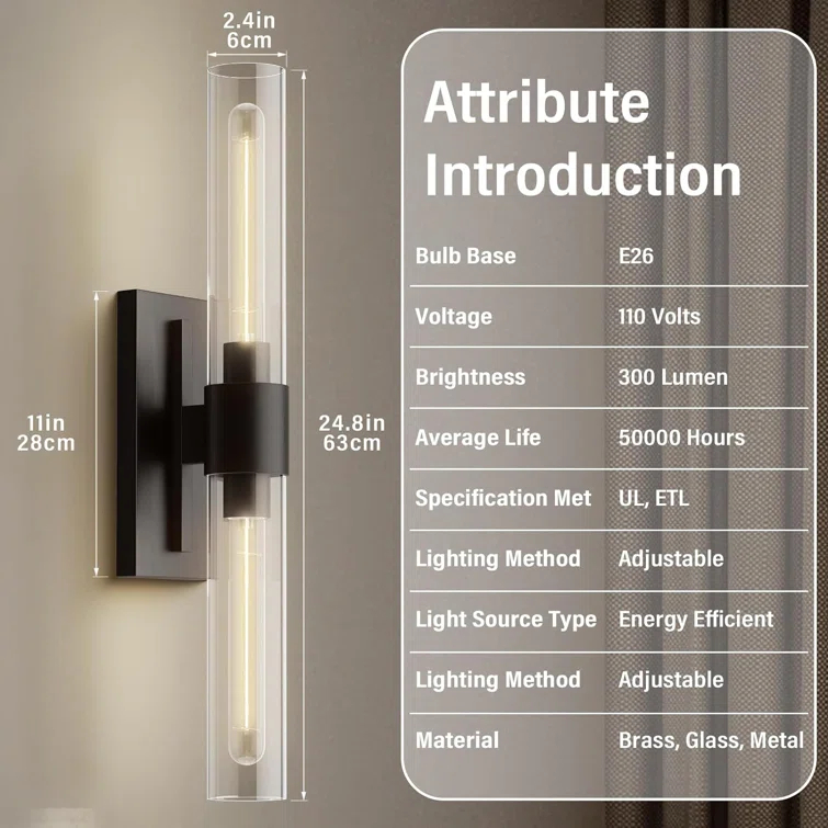 Mailus Wall Sconces, 22.8" Industrial-Chic Dual Glass Cylinder Wall Sconce(Set of 2)