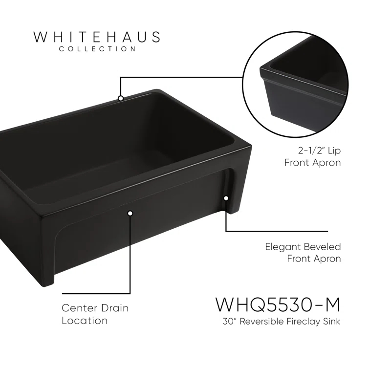 Whitehaus Collection 30” Reversible Single Bowl Fireclay Kitchen Sink: Beveled, Lip Front Apron