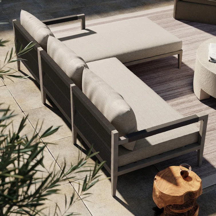 Gray Teak Three-Seat Outdoor Sectional with Cushions