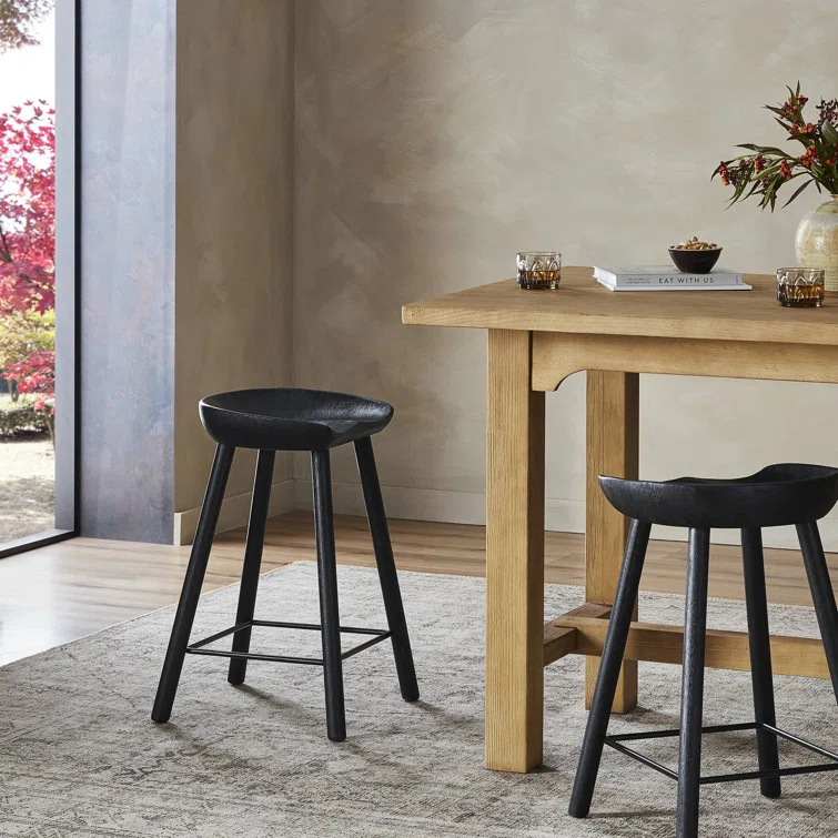 Contemporary Matte Black Solid Wood & Iron Counter Stool