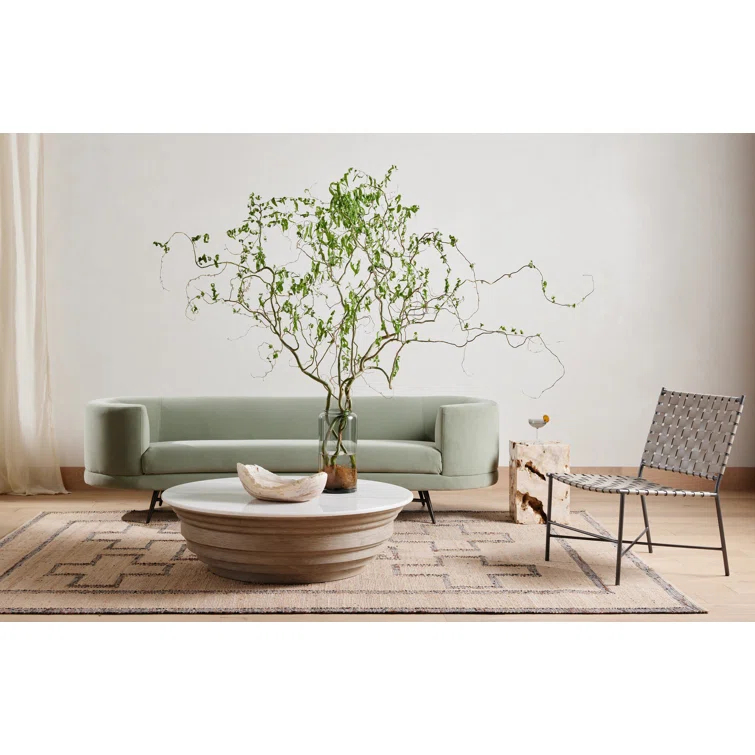 Contemporary Blonde Pine & White Marble Round Coffee Table