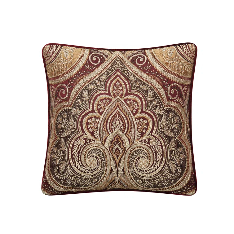 Crimson and Gold Velvet Boho-Chic Square Throw Pillow