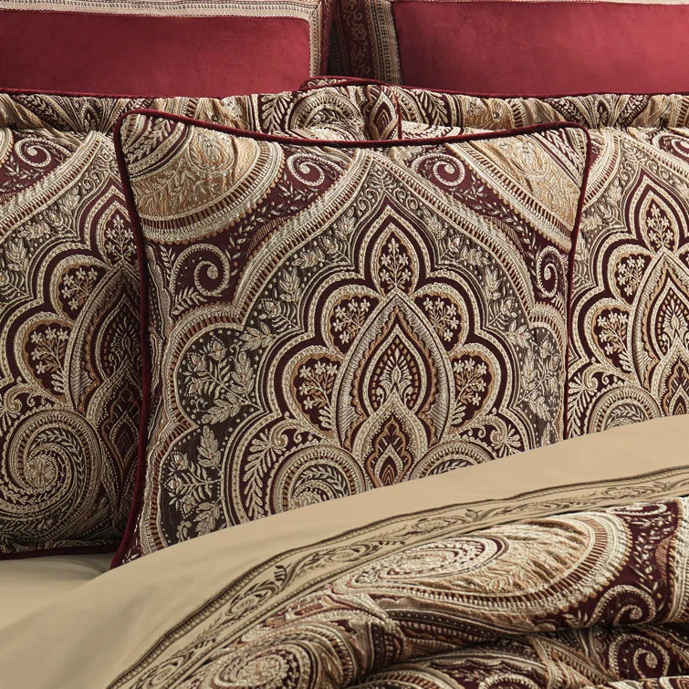 Crimson and Gold Velvet Boho-Chic Square Throw Pillow