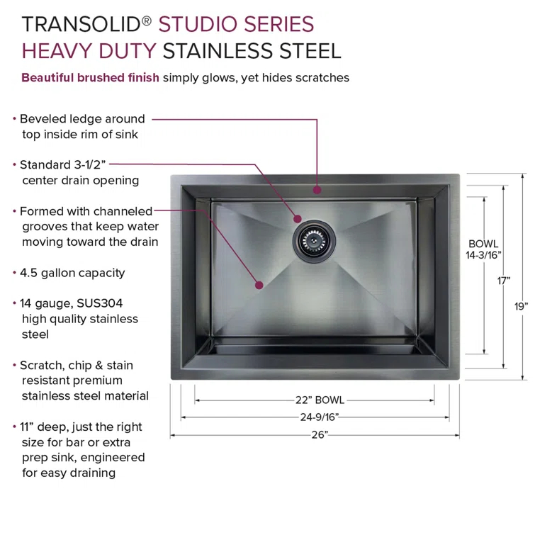 Transolid Studio 26-in x 19-in x 11-in Undermount Stainless Kitchen Sink, SinkPocket, Grid, Strainer