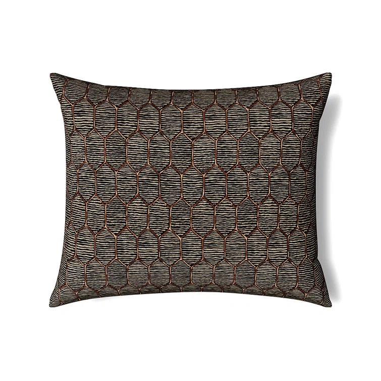 Amber and Taupe Embroidered Linen Cotton Rectangular Pillow