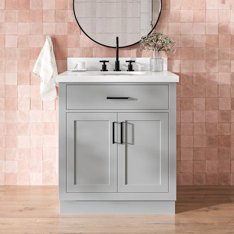 Thornaby 30'' Solid Wood Single Bathroom Vanity with 1.5'' White Quartz Top, Oval Sink