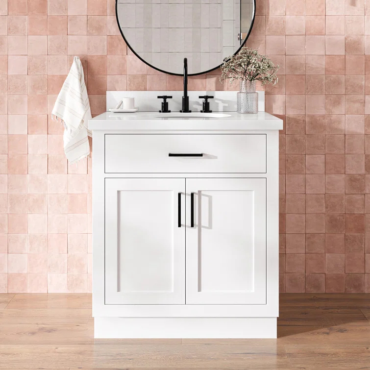 Thornaby 30'' Solid Wood Single Bathroom Vanity with 1.5'' White Quartz Top, Oval Sink