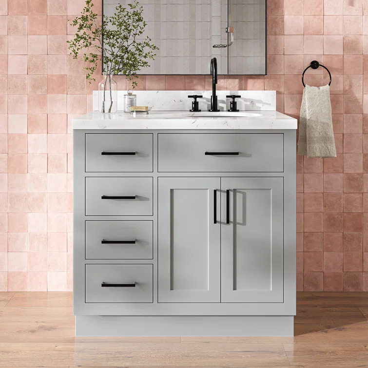 Thornaby 36'' Solid Wood Single Bathroom Vanity with 1.5'' Carrara Quartz Top, Left Offset Oval Sink