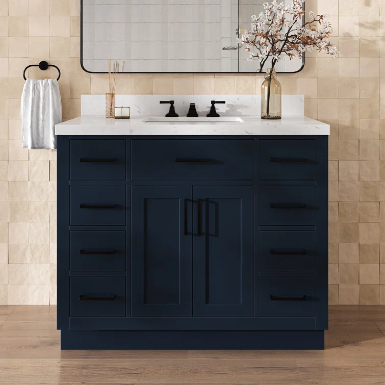 Wildon Home® Tidworth 42'' Solid Wood Single Bathroom Vanity with 1.5'' Carrara Quartz Top, Rectangular Sink