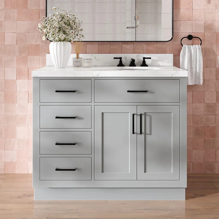 Wildon Home® Tidworth 42'' Solid Wood Single Bathroom Vanity with 1.5'' White Quartz Top, Right Offset Rectangular Sink