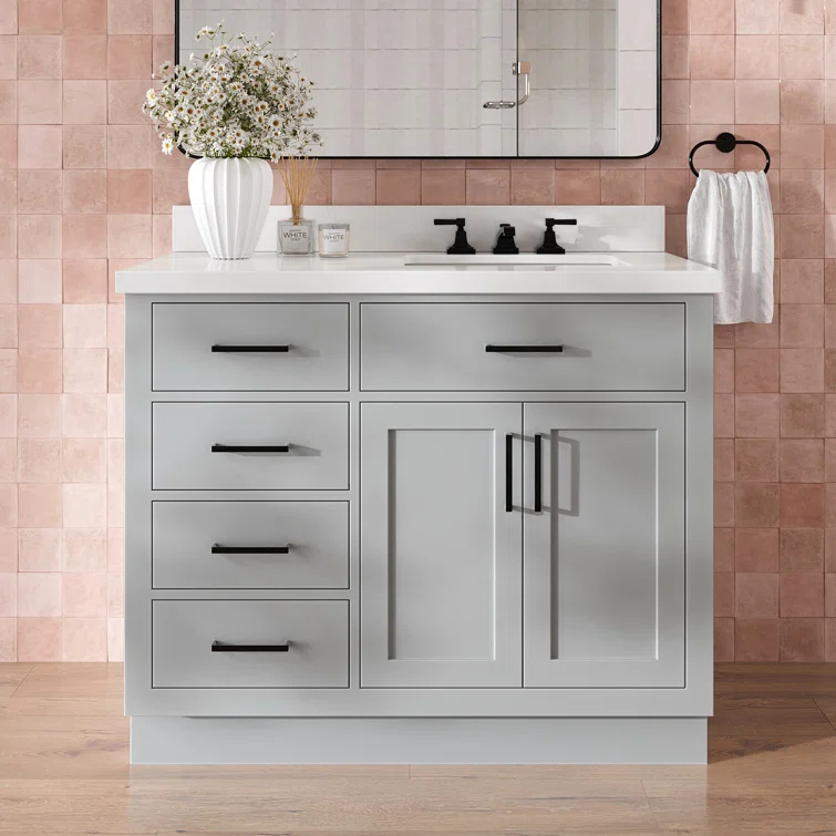 Wildon Home® Tidworth 42'' Solid Wood Single Bathroom Vanity with 1.5'' White Quartz Top, Right Offset Rectangular Sink