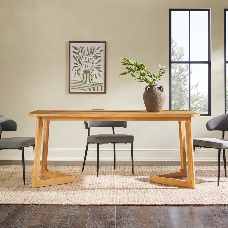 Modern Rectangle Solid Wood Veneer Dining Table for 6 with Geometric Leg Design